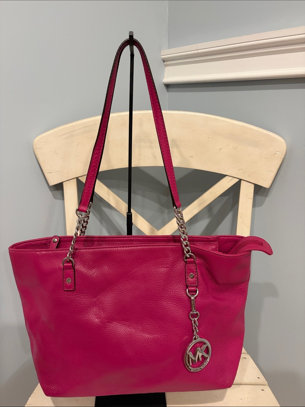 Michael Kors Bright Fuchsia Leather Tote with Chain Straps